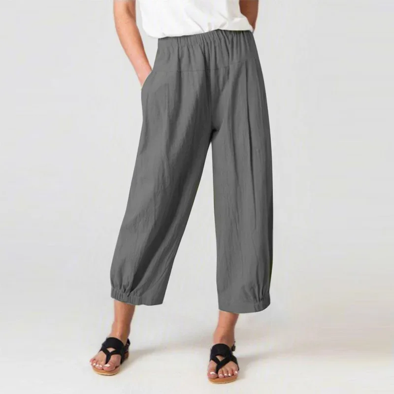 Cotton Linen Solid Color Trousers Spring Summer Elastic High Waist Loose Patchwork Pockets Nine Point Wide Leg Pants for Women