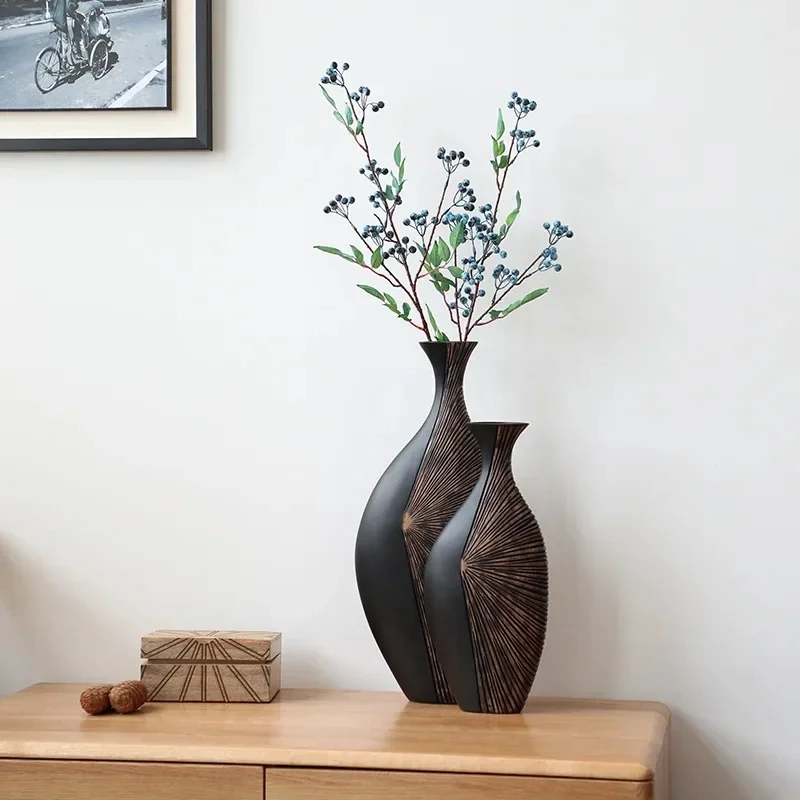 Home Decor Retro Light Luxury Black Vases Living Room Dry Flower Art Porch Resin New Chinese High Sense Decoration