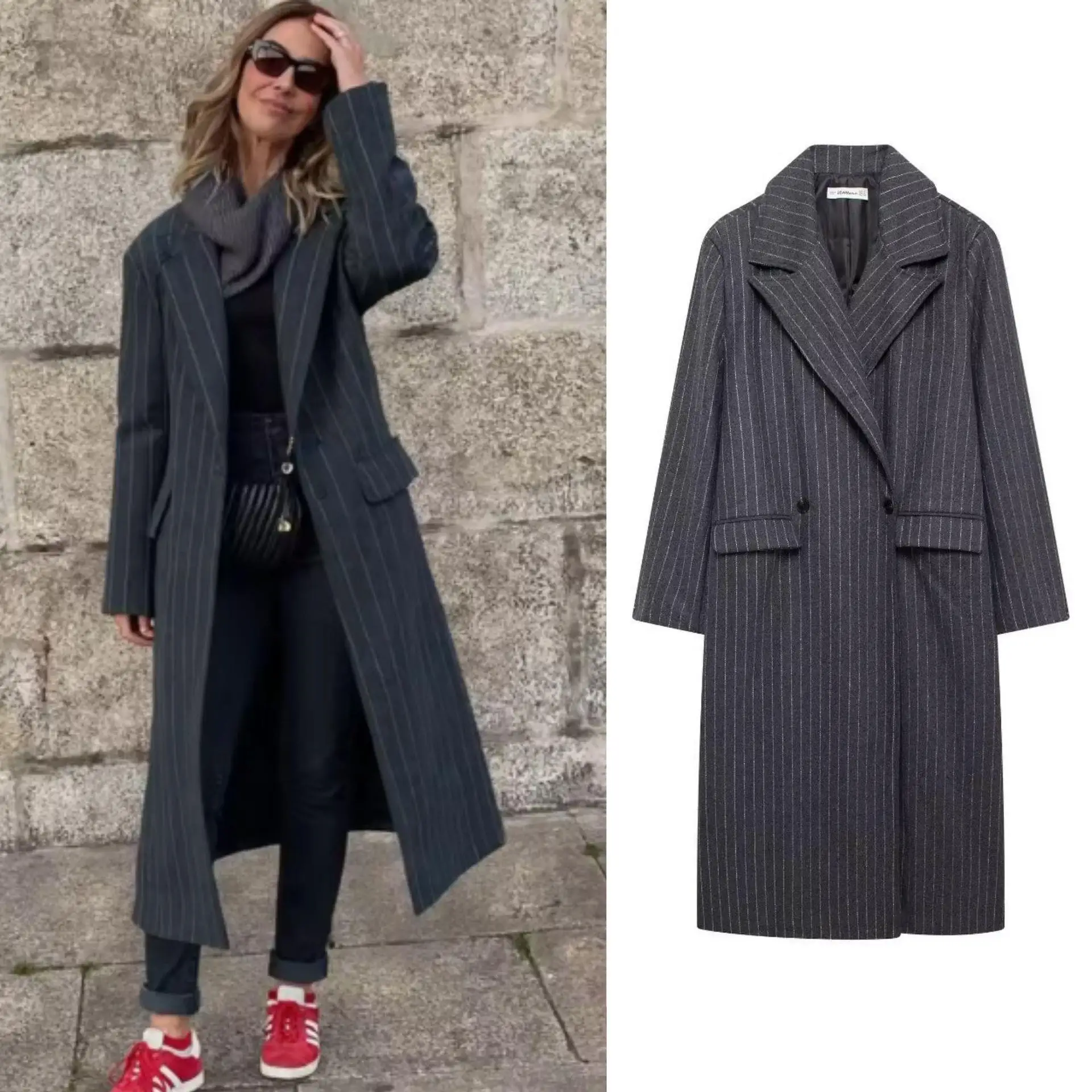 

Trendy Women's Long Woolen Suit Jaet Striped Collar Cross-Border Sle Faionable Ele Outerwear Winter Season PU Material