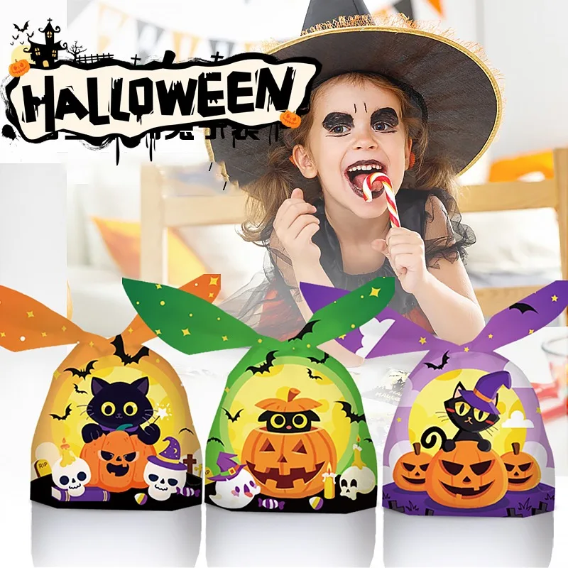 Embalaje de plástico con orejas de conejo para niños, bolsas de dulces con calavera de Halloween, calabaza, truco o trato, bolsa de regalo para