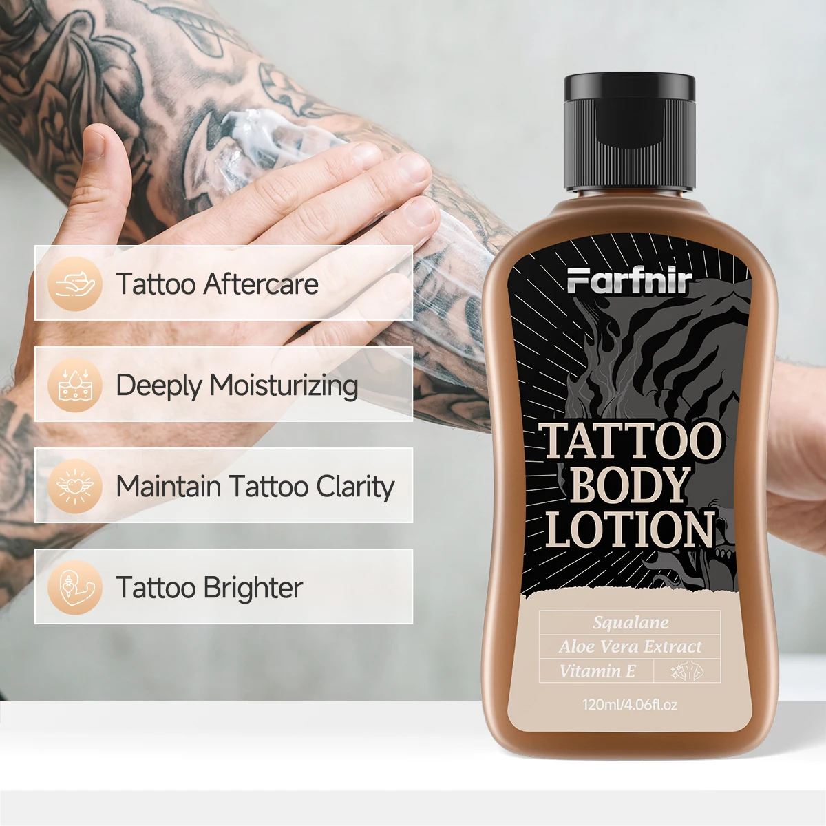 Tattoo body lotion, moisturizes and protects tattoos, gentle and non-irritating, alcohol-free.