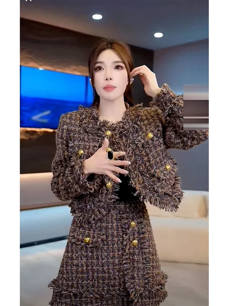 Insozkdg Kleine Geurige Tweed Tweedelige Set Vrouwen Zware Industrie Kwasten Ontwerp Outfits Korte Jassen + Mini Kokerrok Herfst