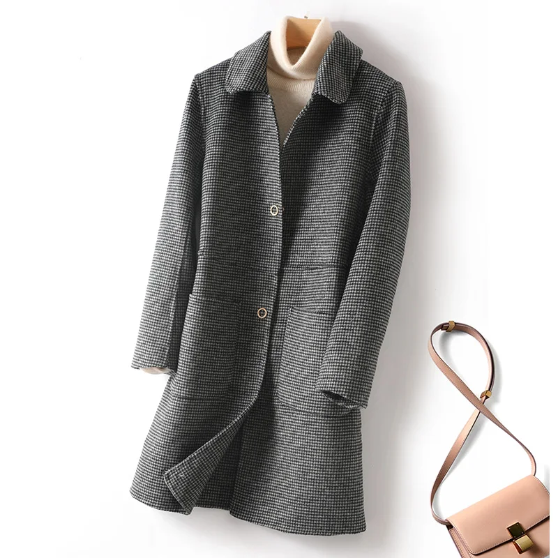 2025 New Style Women's Double-Faced Wool Coat With Doll Collar Mid-Long Pure Handmade 100% Pure Wool Coat Outerwear Warm Autumn