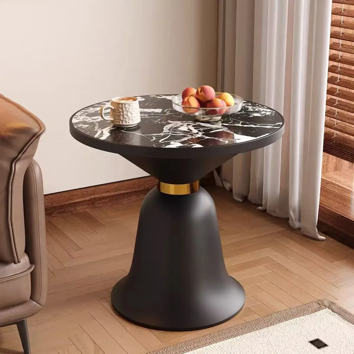 #Black Marble Sintered Stone Side Table, Round Conical Base End Table for Living Room