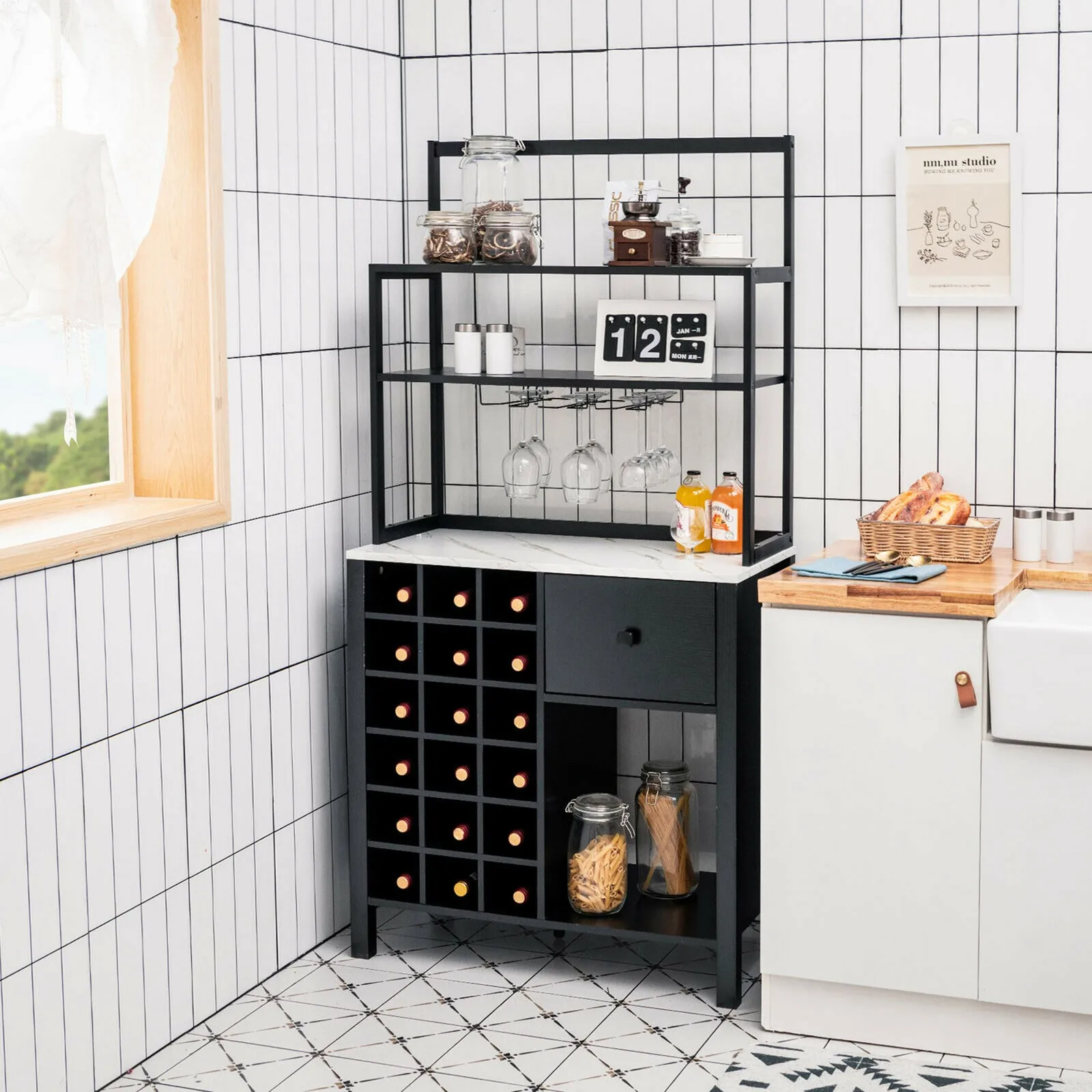 

Kitchen Bakers Rack Freestanding Wine Rack Table w/ Glass Holder & Drawer Black