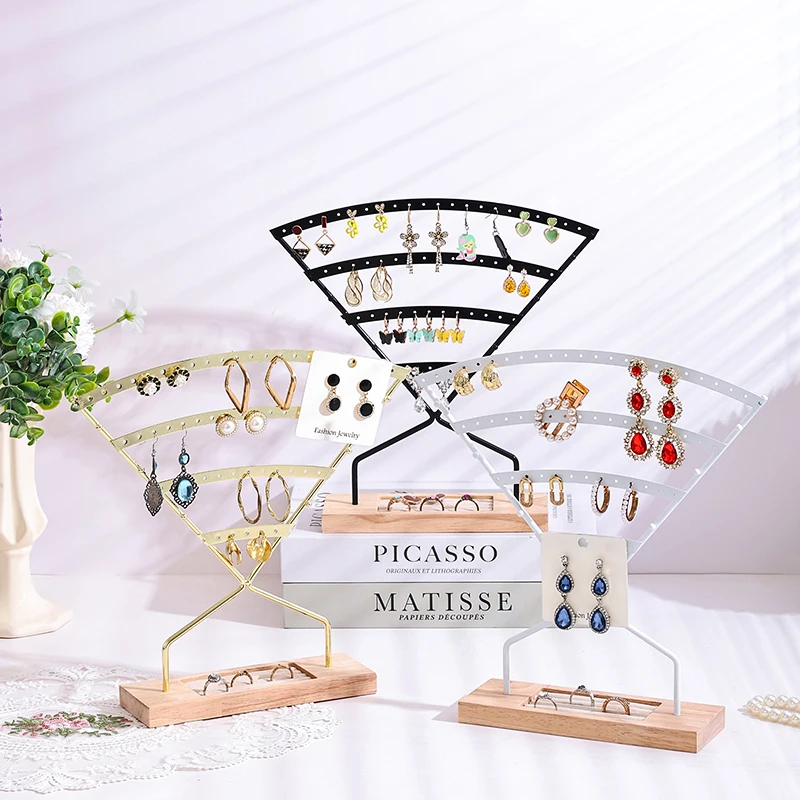 Fan‑Shape Metal Jewelry Display Stand Wooden Base Multi‑Tier Earring Organizer For Shop Earring Photograph Display Prop