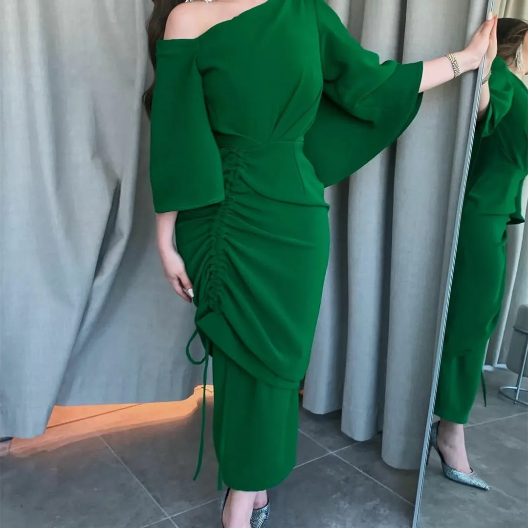 Robe de Soirée Courte avec Fente pour Femme, Fourreau, Manches sulf, Mousseline Verte, Longueur Thé