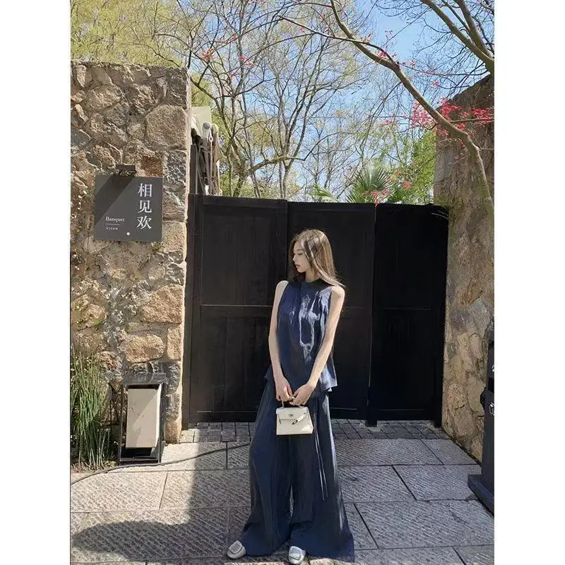 

RAIN YAN LIN 2026 Super Hot Summer A Complete Set Of Korean High End Sports Leisure Sleeveless Top Wide Leg Pants Two Pieece Set