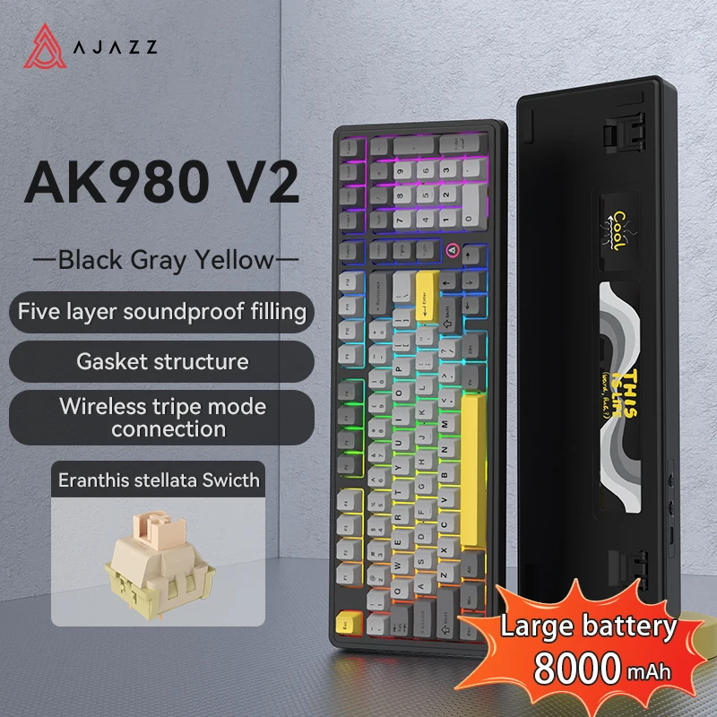 AJAZZ AK980 V2 PRO 98 Layout Gasket Mechanisch Toetsenbord, 10000mAh Lange Batterijduur, Full-key Hot-swap, TFT Display & Knop, 8K Polling Rate, RGB Verlicht Gaming Toetsenbord