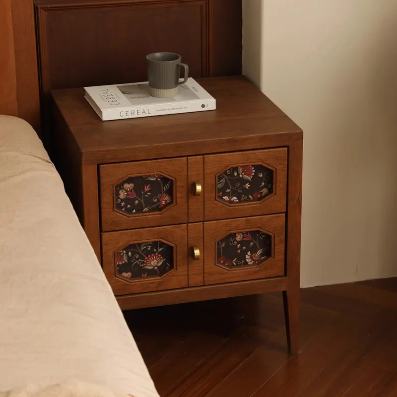 Retro solid wood bedside table, medieval cherry wood small cabinet, national style bedroom storage cabinet, small short cabinet