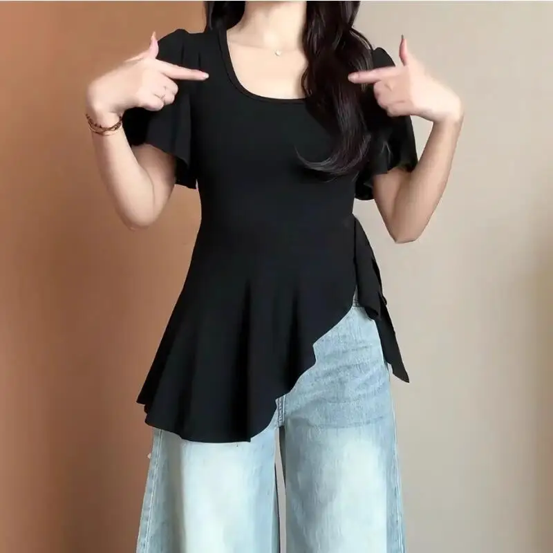 New Summer Women Clothing With A Sense Of Luxury Irregular Slit Design Short Sleevedtshirt Fashion Versatile Belly Covering Tops