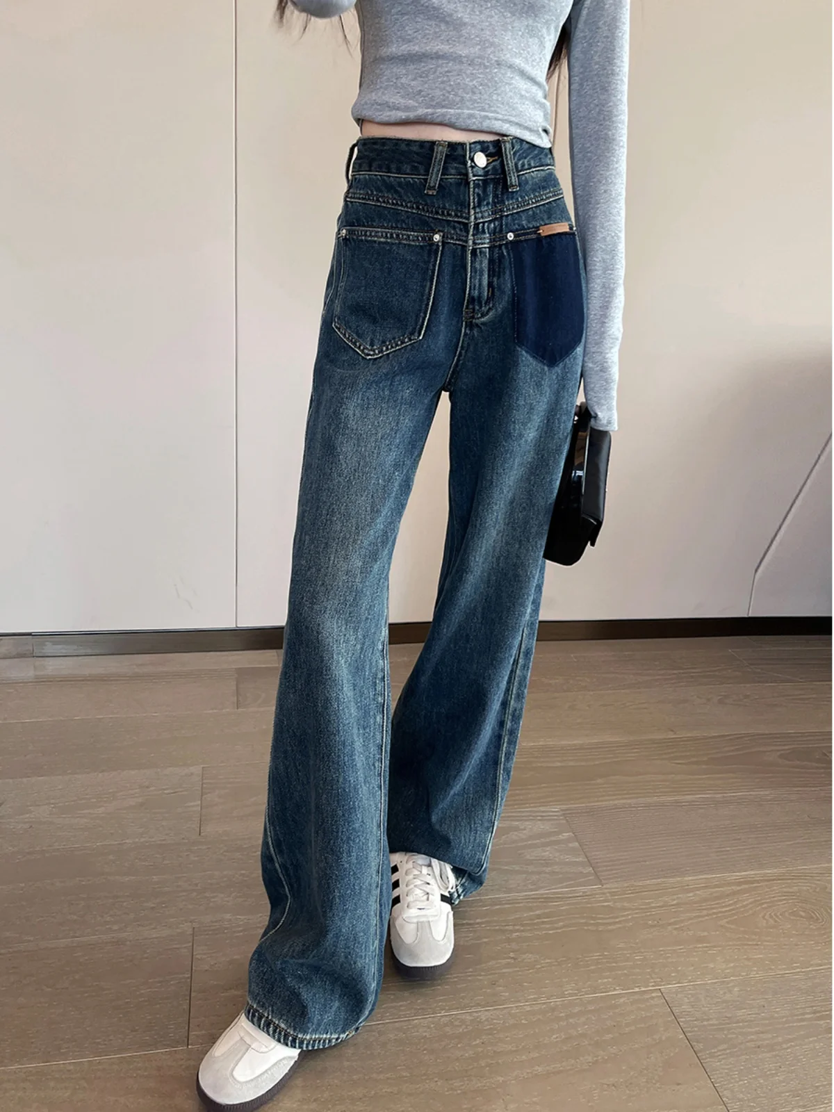 

Синие прямые джинсы с высокой талией, женские осенние новые широкие длинные брюки с эффектом похудения, женские джинсы в стиле ретро