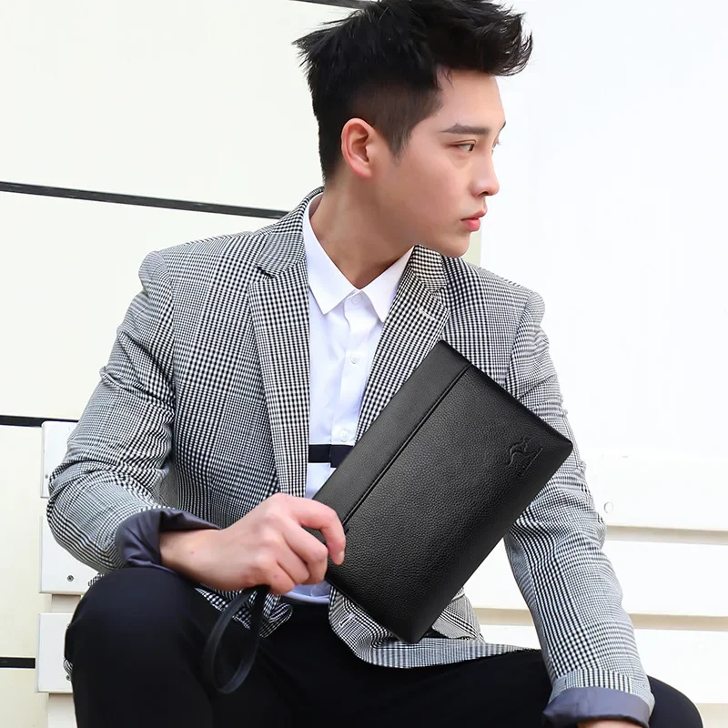 Men's Handheld Bag Business Large Capacity Retro Soft Face Leather Clip Casual Fashion Handheld Bag Zipper Bag Wallet