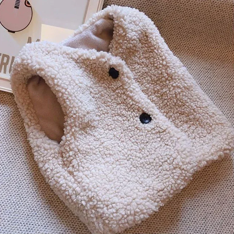 Herbst-Winter-Weste aus Lammwolle mit Samtfutter für Mädchen und Jungen, Plüschweste, einreihig, V-Ausschnitt, warmer, modischer Mantel für Kinder – Detail 9