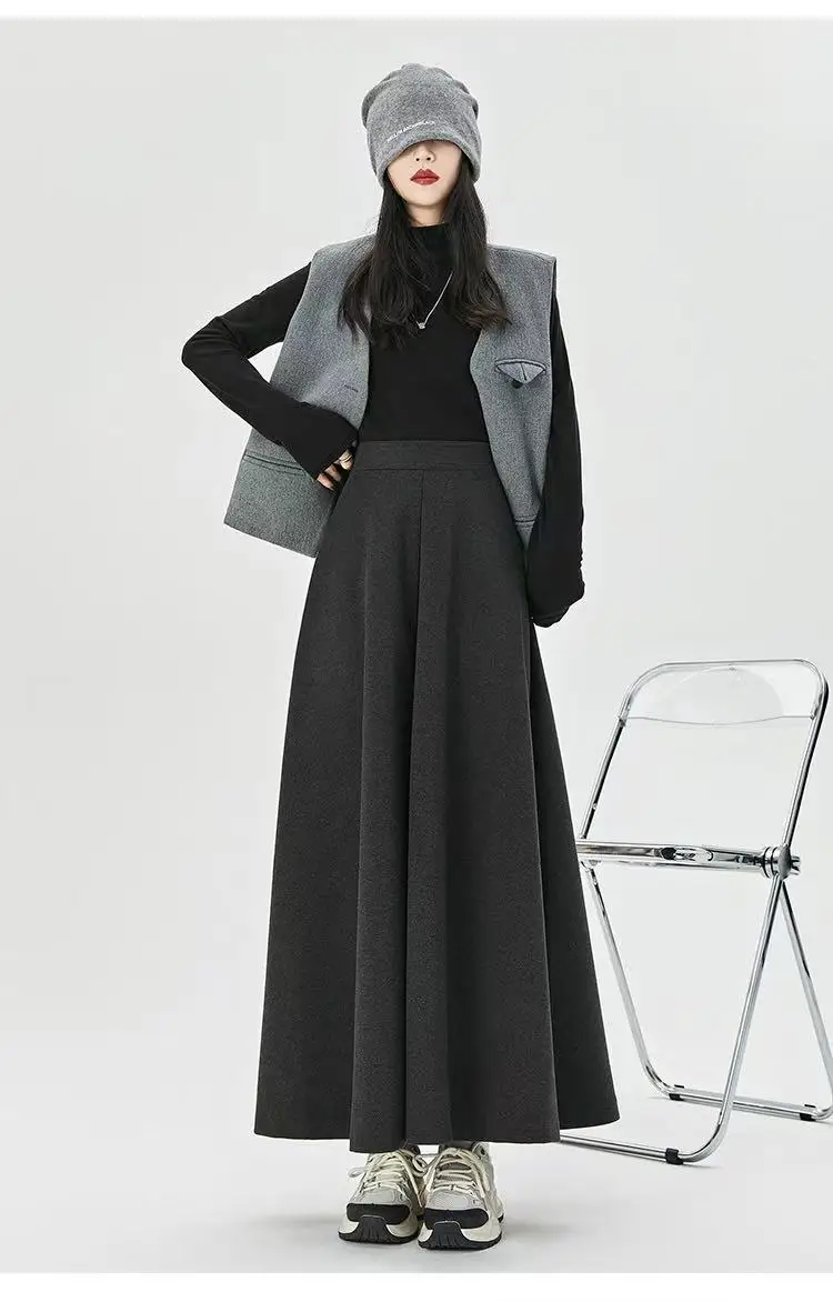 Japońska, swobodna, wszechstronna plisowana spódnica damska jesienno-zimowa wysokiej jakości wisząca spódnica z parasolem w kształcie litery A duża długa sukienka typu swing