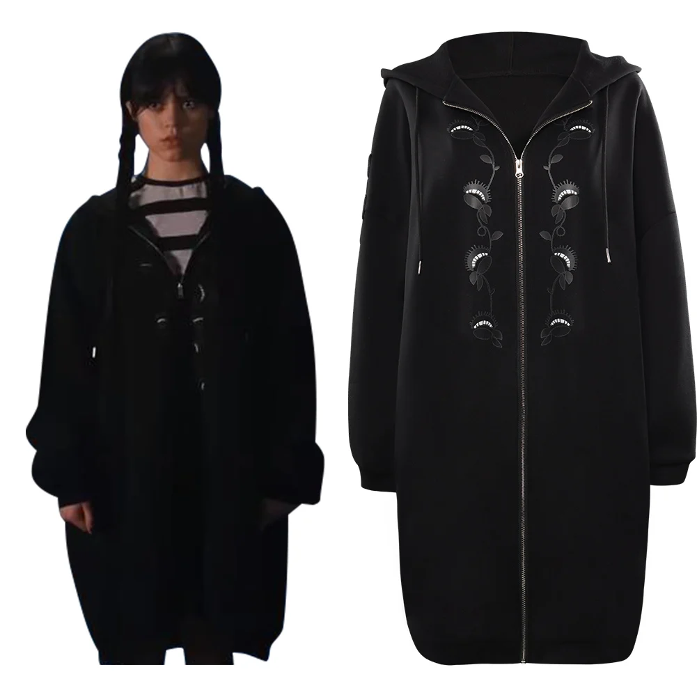 

Wednesday Zipper Hoodie Addams Wednesday Cosplay Costume Long Coat Outfits Halloween Carnival Party Suit For Girls