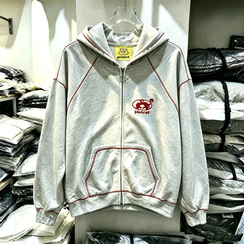Red Reverse Stitch Yellow Tag Protect Zipper Hoodie Men Women Embroidery Label Sweatshirts Loose High Quality Fabric Pullovers