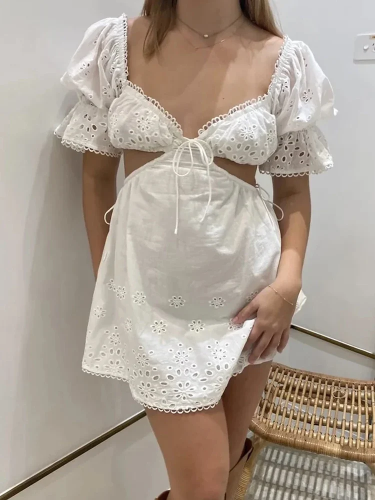 Foridol-vestido de renda branca para mulheres, vestido curto com manga puff, cintura alta, cortado, sexy, algodão, sem encosto, verão, 2024