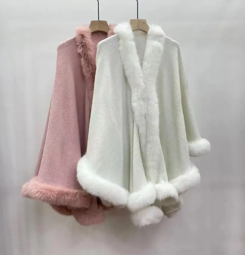 

3 Colors Oversize Shinny Faux Cashmere Fur Collar Poncho Big Pendulum Wedding Cape Women Winter Outwear Batwing Shawl Cloak