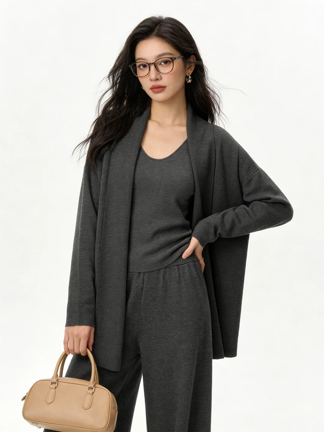 Elegant Casual Knitted Open Cardigan Long Sleeve Top And Wide Leg Pants Elastic Waist Spring Simple Women's Set Fashion Ensemble