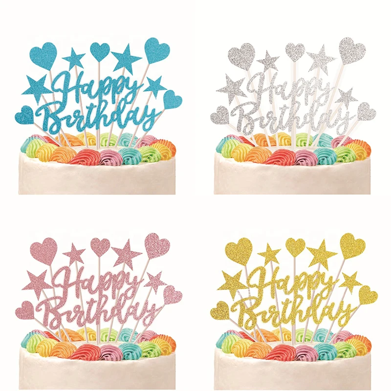 

Happy Birthday Cake Topper Rose Gold Silver Star Balloon Cake Topper for Adult Kids Birthday Party Decorations DIY Dessert Decor