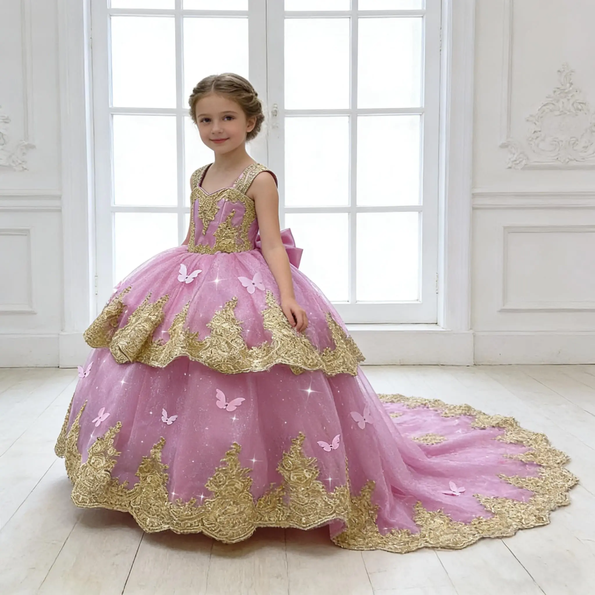

Классическое золотое платье с аппликациями и розовыми цветами для девочек на свадьбу, с бабочками, длиной в пол, из фатина, с бантом, детское праздничное платье на день рождения, на заказ