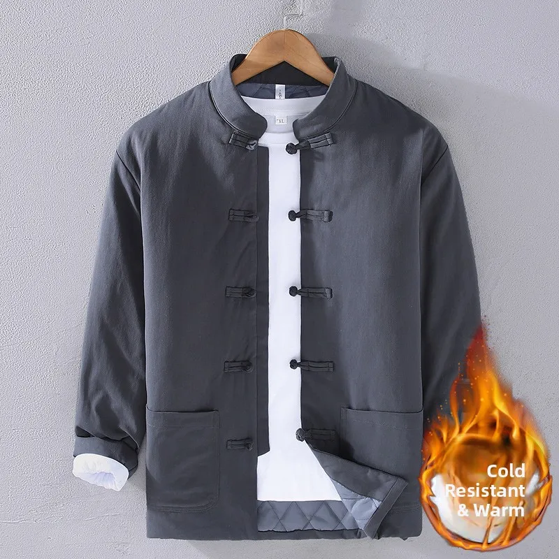 

Thiened Warmth Cotton Jaet Zen Meditation Clothes Chinese Sle Men's Retro Clothes Button up Coat Busin Gentleman