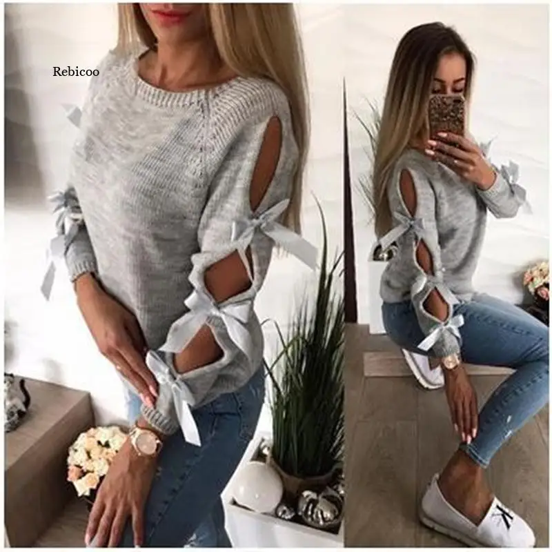 New Women Bow Hollow Out Long Sleeve Warm Sweater Pullover Knitting Bow Loose O-Neck Tops Blouse Knitwear