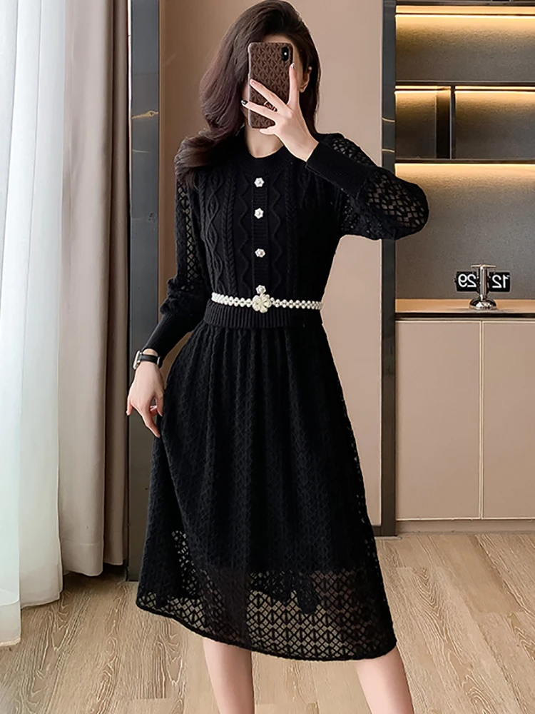 Autumn Winter Black Knitted Patchwork Lace Midi Dress Women Fashion Chic Hook Flower Sweater Dress 2024 Korean Elegant Vestidos