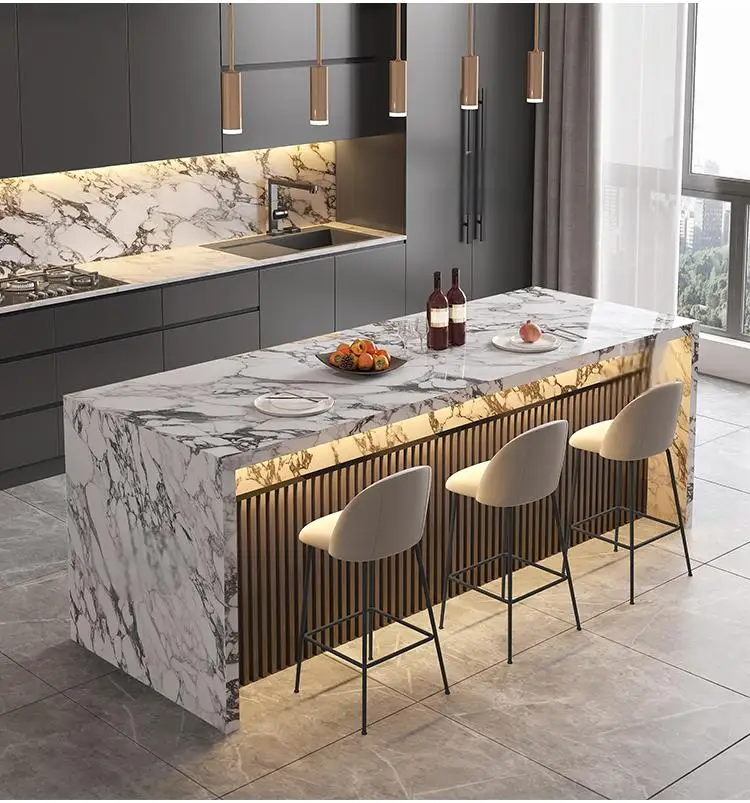 Marble Kitchen Island Dining Table with Tea Bar Countertop, Custom Kitchen Peninsula Breakfast Bar for Open Concept Modern Home