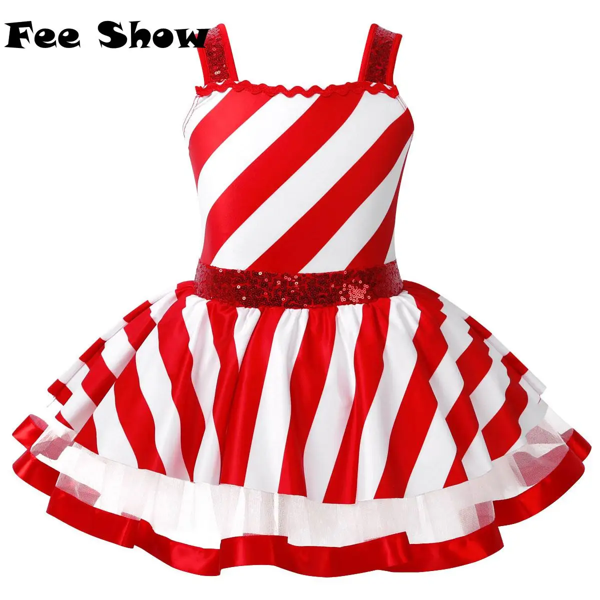 Kids Girls Striped Santa Christmas Dance Costume Shiny Sequins Figure Ice Skating Roller Skating Twirling Leotard Tutu Dress