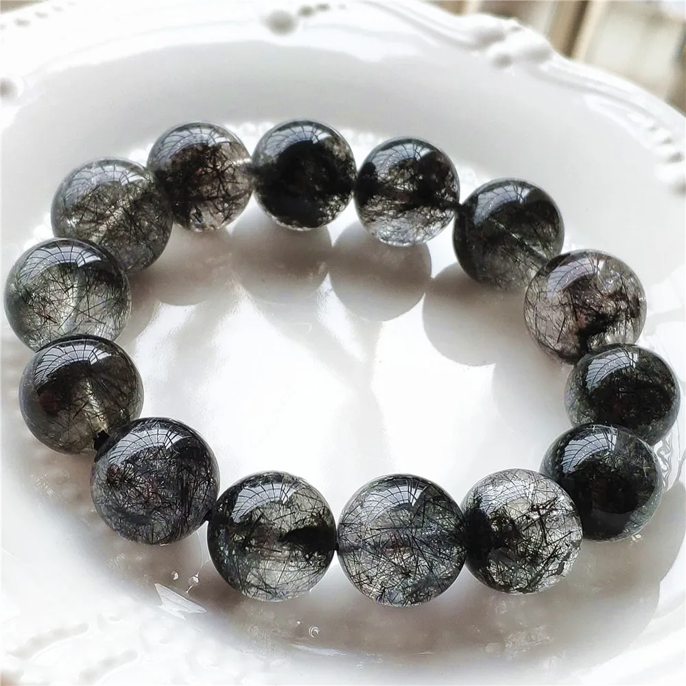 Natural Black Rutilated Quartz Clear Beads Bracelet 16mm Big Size Brazil Women Men Clear Round Beads Wealthy Bangle AAAAAAA