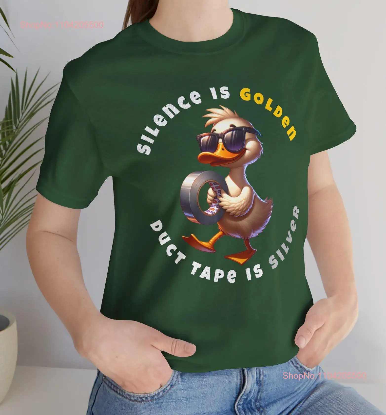 Silence Is Golden Duct Tape Silver Funny Fowl Sarcastic Duck Jersey  T Shirt long or short sleeves