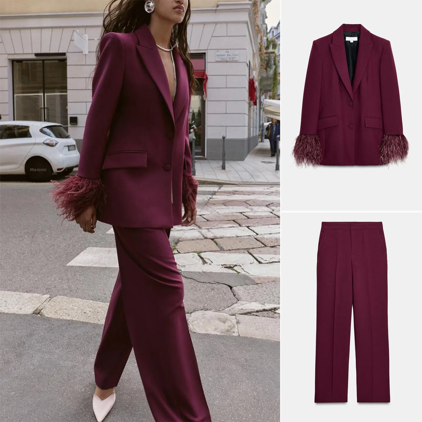 Autumn Winter Women's Slim Fit Suit Jacket with Feather Decor High Waist Straight Leg Pants Long Sleeve Polyester Fiber