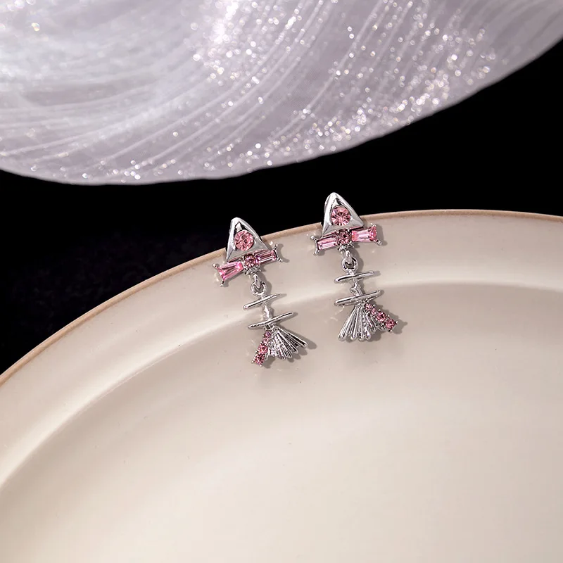 Stud Earrings Sweet Edgy Pink Zircon Bow Silver Post Ethereal Cute Minimalist Unique Lightweight Daily Party Gift Women