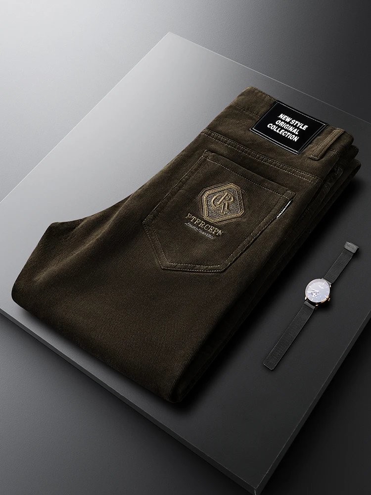 

Мужские вельветовые брюки Ele Slim Fit, повседневные, осенне-зимние, цвета темно-кофейный, с вышивкой, прямого кроя, модные