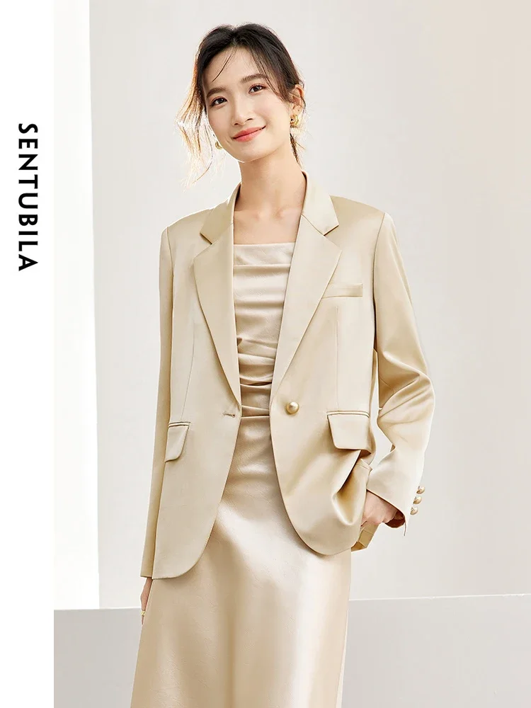 SENTUBILA Women Satin Blazers 2024 Spring Autumn Casual Notched Suit Jacket Woman Long Sleeve Female Tailored Coat 141X52993