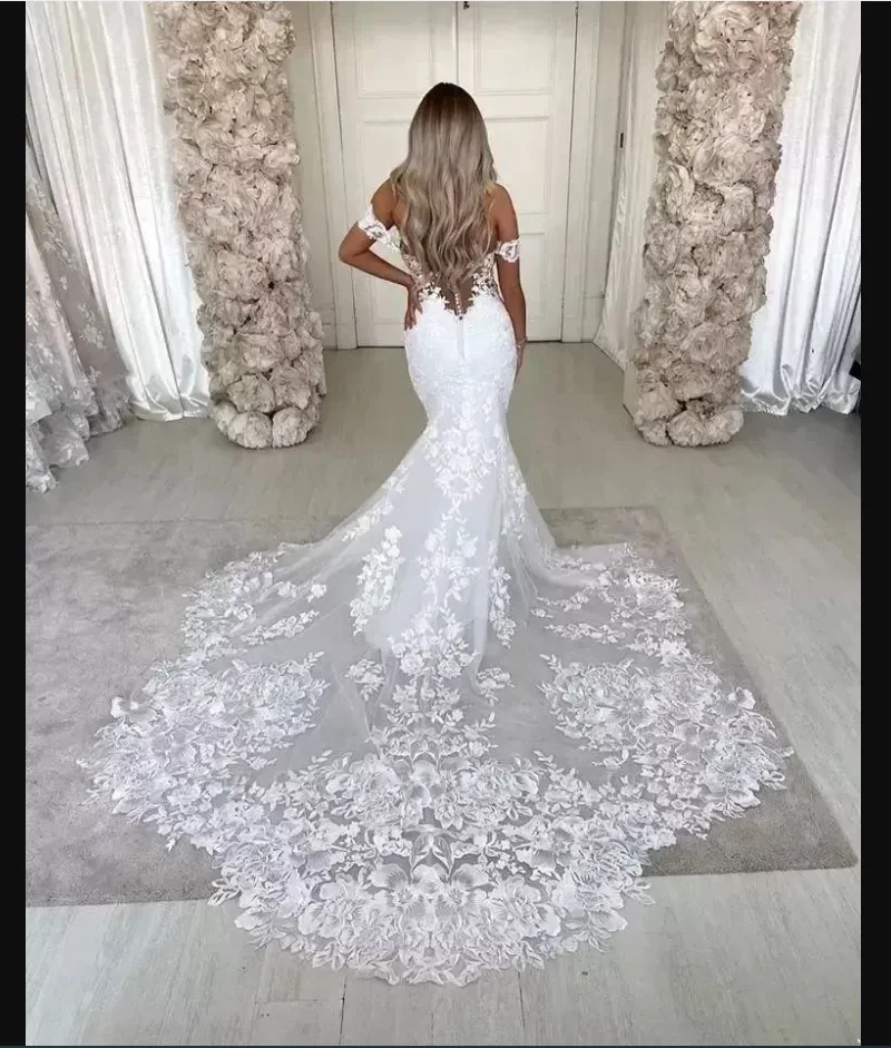 Vestidos de novia de encaje con apliques florales 3D para mujer, vestido bohemio de manga larga con cuello en V, vestido de novia elegante de sirena Sexy, Color hecho a medida/S