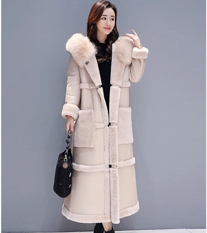 Large Size Winter Lambswool Jacket Coat Women Long Faux Leather Jacket Female Thicken Warm Overcoat Womens Hooded Faux Fur Coats