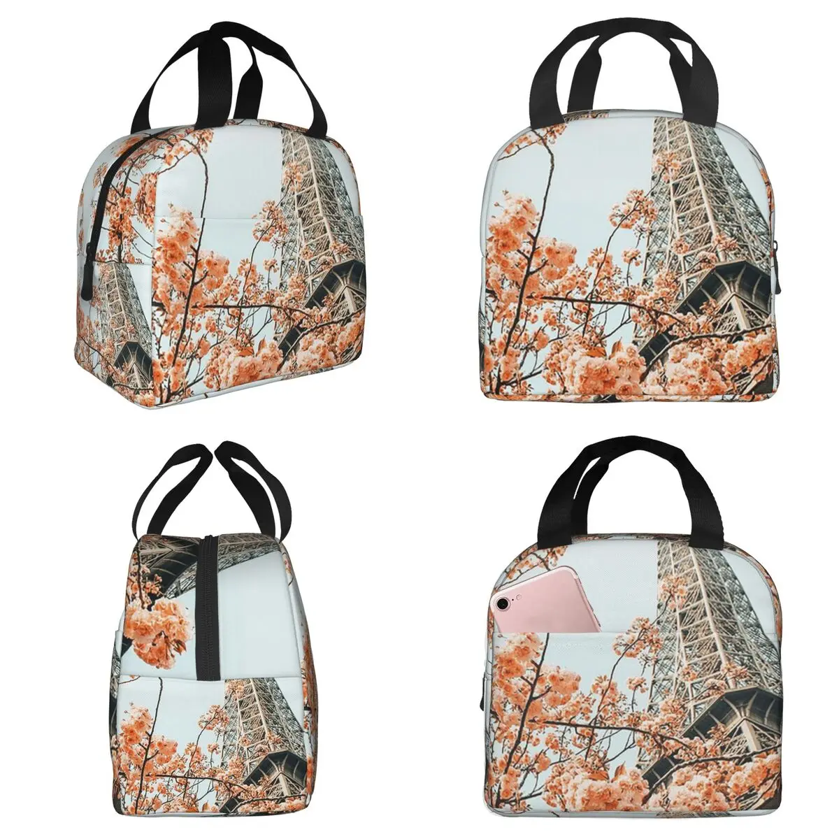 

Изолированная сумка для обеда с изображением Эйфелевой башни и цветов вишни, термосумка для офиса, портативный контейнер для еды, сумка-холодильник для офиса