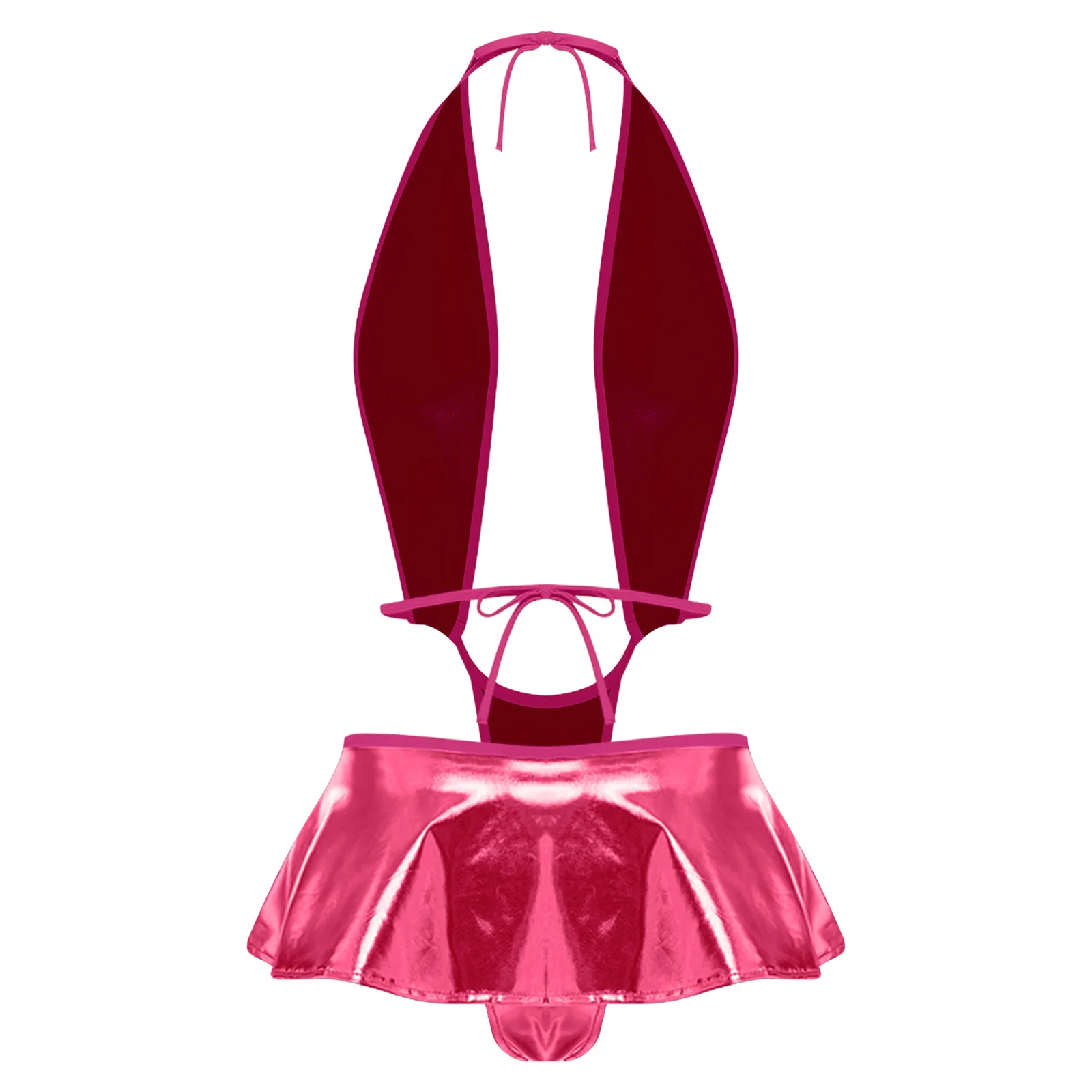 Damen Metallic Glänzender Badeanzug Einteiliger Strand-Badeanzug Neckholder Tiefer V-Ausschnitt Rückenfreier Mini-Slip mit Rüschensaum Badeanzug – Detail 4