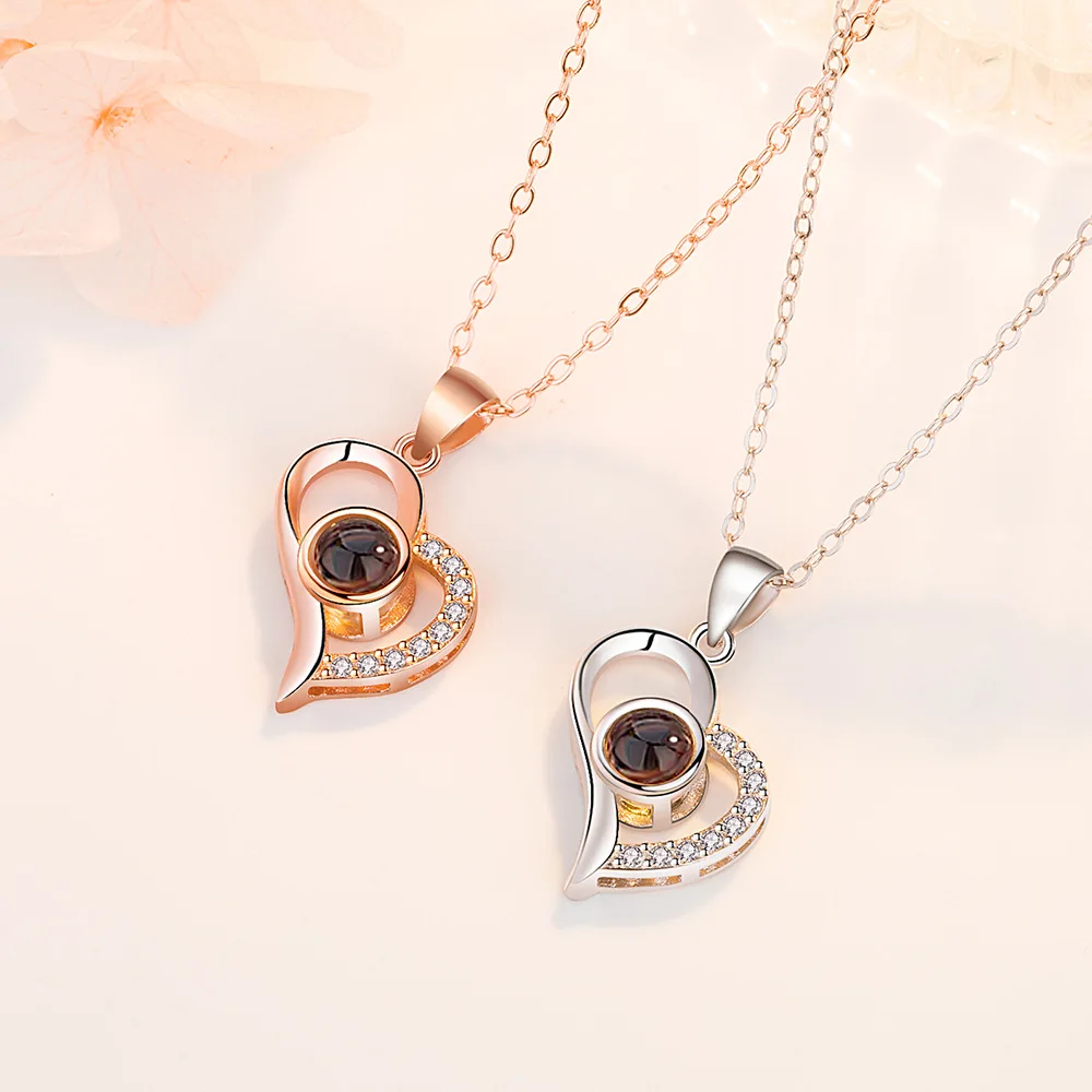 925 Sterling Silver Fashion 100 Languages I Love You Projection Stone Love Zircon Pendant Necklace Birthday Anniversary Gift
