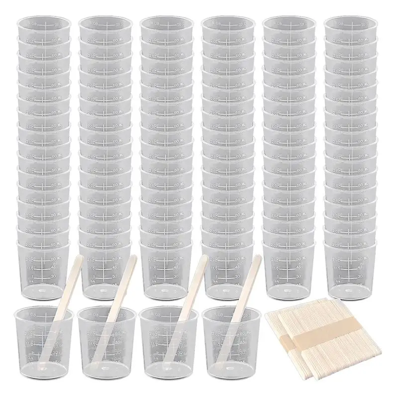 ABNH 100 Pack 60Ml/2Oz Plastic Graduated Cups Transparent Scale Cups Clear Epoxy Mixing Cups with 100 PCS Stirring Sticks