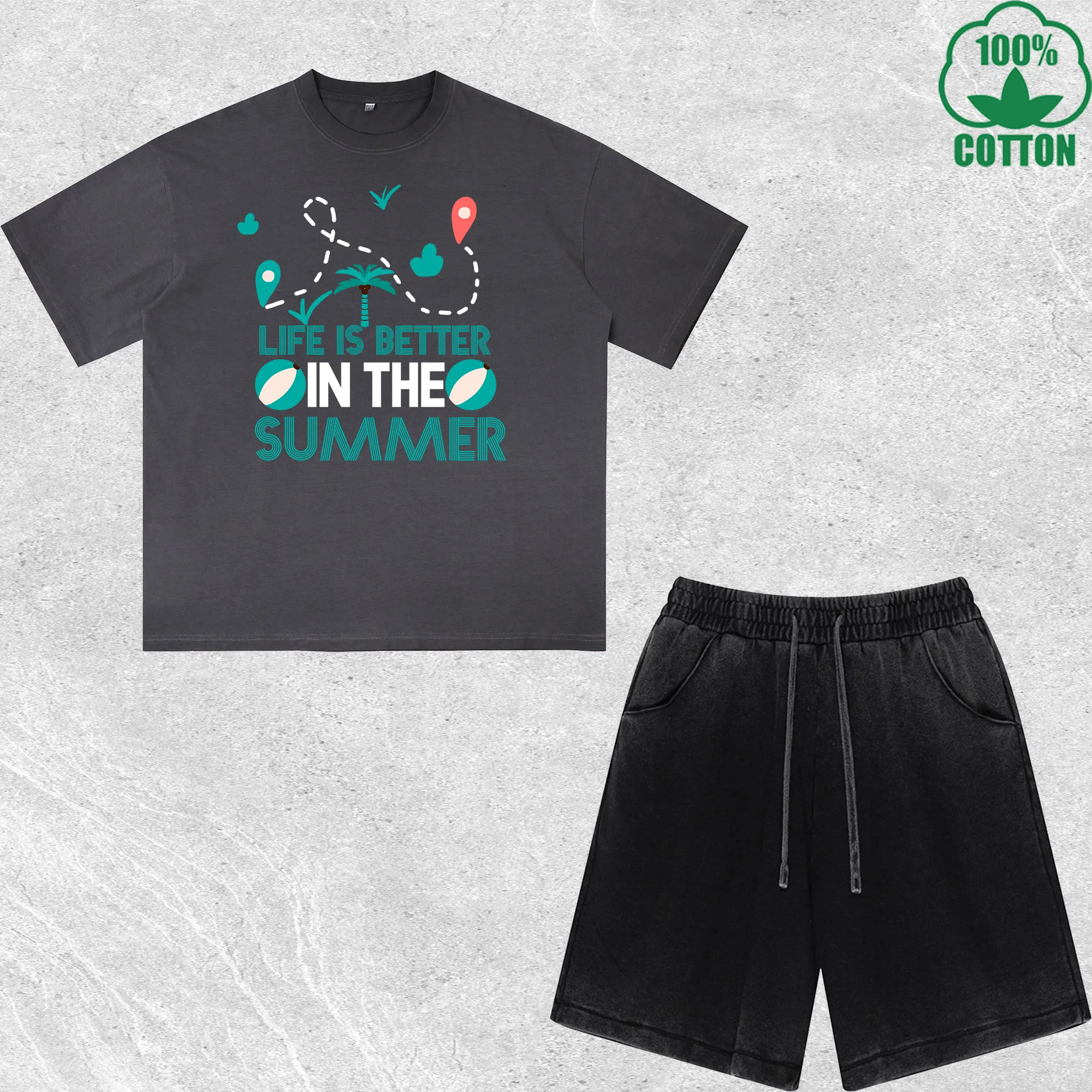 

Life is Better In The Summer Printed Dirty Wash T-Shirt Shorts Set Combo Loose Trendy Fashionable 100%Cotton Black Suit