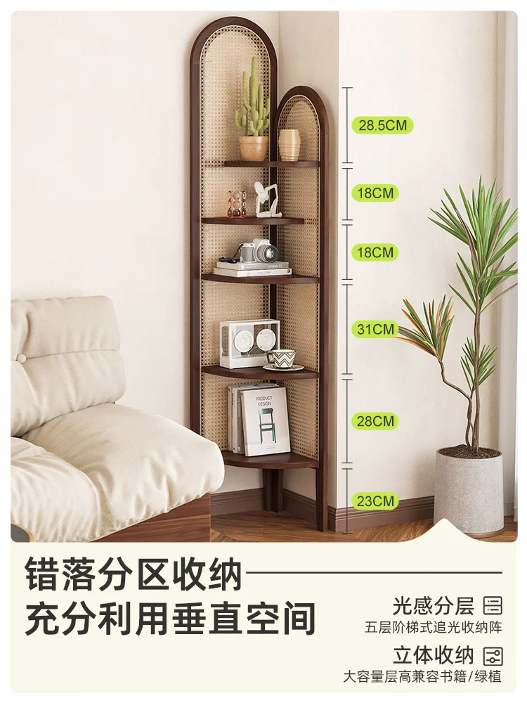 

Medium and retro solid wood rattan corner cabinet, corner decorative shelf, living room sofa wall, bedroom triple turning screen