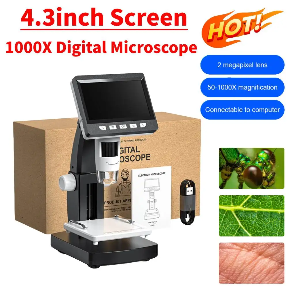 1000X Digital Microscope 4.3inch Coin Microscope 2MP 1080P Digital Magnifier 8 LED Lights Zoom Microscope for Electronics Repair