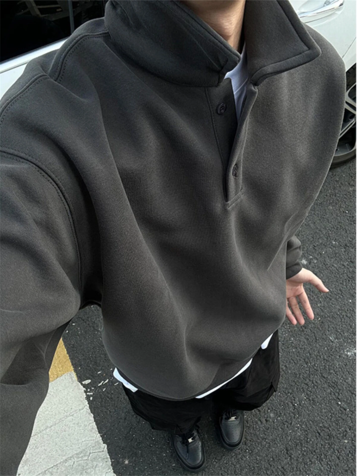 Deep Grey  Neck Sweatshirt Men's Long Sleeve Inner Wear Vintage American Style Autumn Winter Fashion Casual Loose Fit