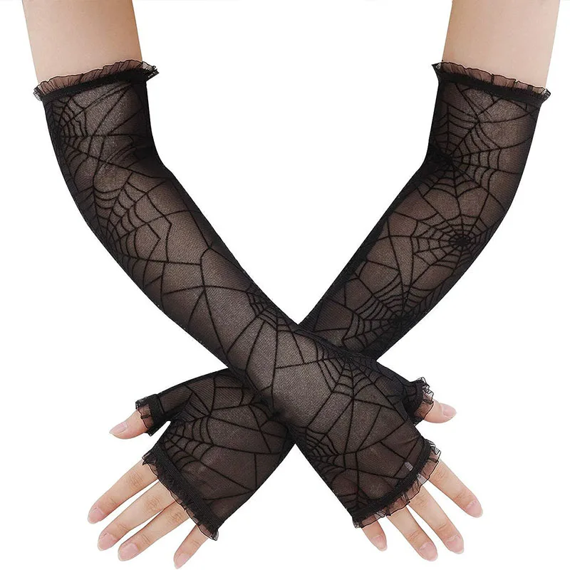 

Halloween Props Bar Ball Party Sexy Black Spider Web Lace Gloves Women Half Finger Arm Sleeves Summer Long Driving Sunscreen
