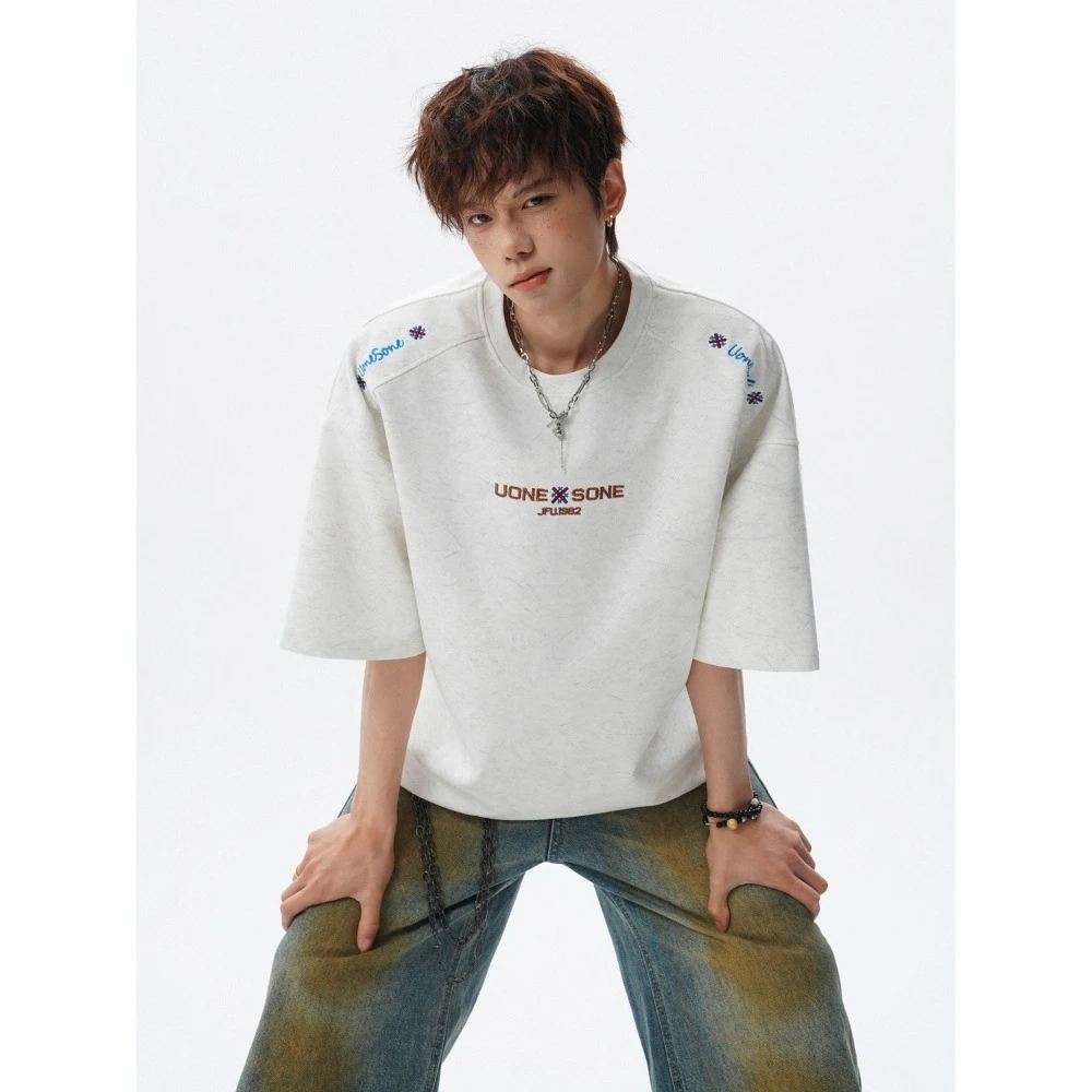 American Tie Dye Dark Green Embroidered Short Sleeve Tee For Gentlemen Summer Heavyweight StraightShoulder Narrow Neck Outerwear