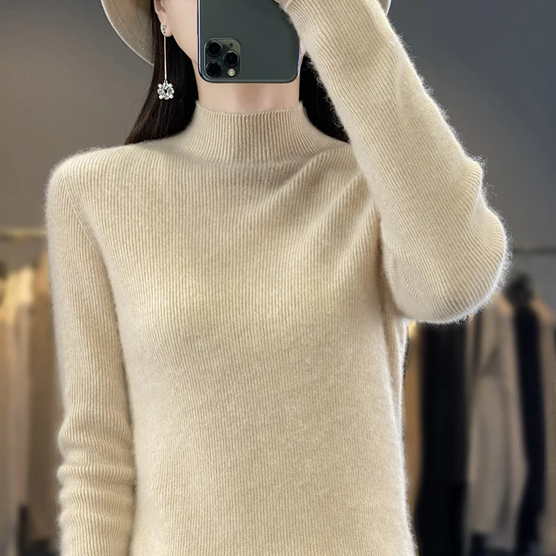 Autumn Winter New Woolen Sweater Women's Half High Neck Long Sleeve Pullover Temperament Solid Color Versatile Knitted Sweater
